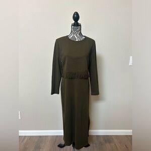 LNY New York Elegant Olive Green Long Sleeve Sweater Dress With Fringe Detail M